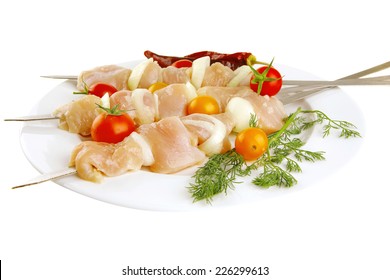 Raw Chicken Shish Kebab On White Plate