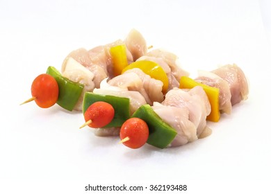 Raw Chicken Shish Kebab On White Background 