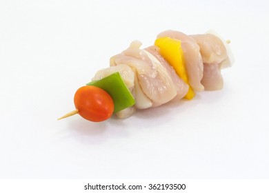 Raw Chicken Shish Kebab On White Background 