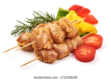 Raw Chicken Skewers, Ready To Cook, BBQ, Isolated On White Background.