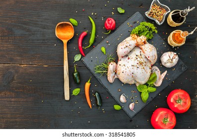 Raw Chicken With Spices, Cooking Background, Top View