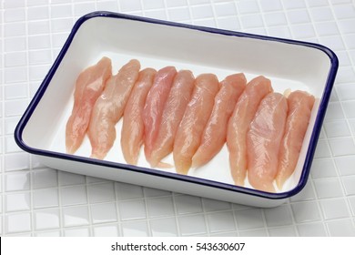 Raw Chicken Tenders On Butcher Tray