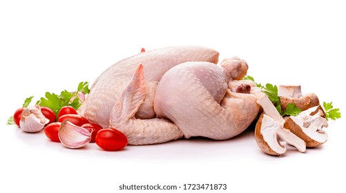 Raw Chicken And Vegetables. Isolate On White Background