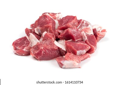 Raw chopped lamb fillet, diced tenderloin or cubed mutton sirloin meat isolated. Fresh sheep fillet cubes, loin filet with ground pepper for skewers