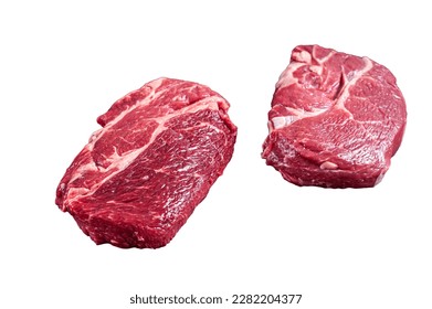 Raw Chuck eye roll beef steak on butcher table. Isolated on white background