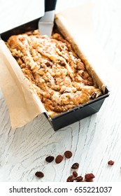 Raw Cinnamon Loaf Cake Dough In A Pan. Step By Step Baking Preparation Process. White Food Photography