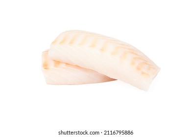 Raw Cod Fish Loin Pieces Isolated On White Background.