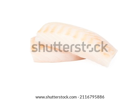 Raw cod fish loin pieces isolated on white background.
