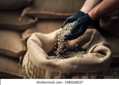 raw coffee pouring from a handful in a bag, against the background of a warehouse, closeup side view - Powered by Shutterstock