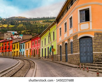 Raw of colorful houses in Alausi railway station, starting-off point for Devil's Nose train in Ecuador