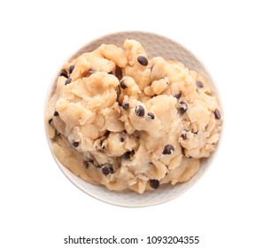 Raw Cookie Dough With Chocolate Chips In Bowl On White Background, Top View