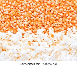 Raw corn kernels for popcorn and popcorn. Food background.