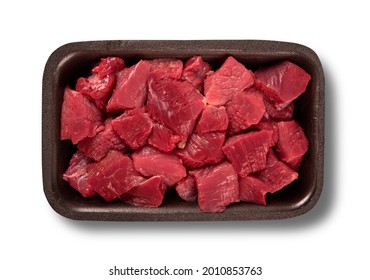 Raw Cubes Beef Meat In Container On White Background. Top View