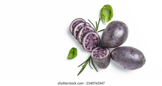 Raw Cut Purple Sweet Potatoes Isolated On White Background. Ipomoea Batatas. Batata Potato. Long Banner Format. Top View.