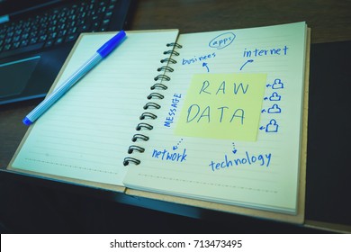 Raw Data, Post It In The Notebook Paper With Ink Pen, Education. Office Supplies