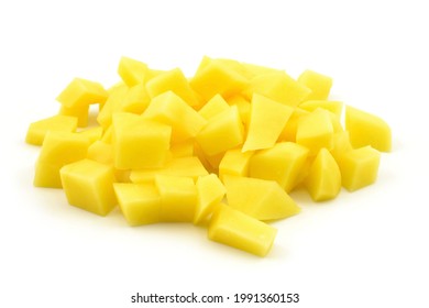raw diced potatoes on a white background