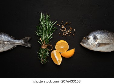 Raw Dorado Fish, On A Black Background, With Ingredients, Top View, Horizontal, No People,