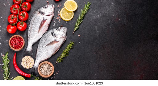 Raw Dorado Fish With Spices Cooking On Cutting Board. Fresh Fish Dorado