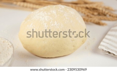 Raw dough, flour and ears of wheat on white background, close-up front view. Home baking concept.