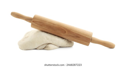 Raw dough and rolling pin isolated on white - Powered by Shutterstock