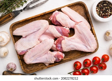 Raw Duck Wings Set, On White Stone Table Background, Top View Flat Lay