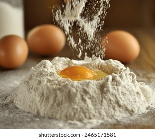 A raw egg is broken into a pile of flour, with more flour falling onto it. The egg yolk is bright yellow and surrounded by egg white, nestled in a well of white flour.  - Powered by Shutterstock