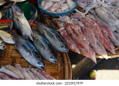 Raw Exotic Fish Assortment With Moray At Asian Market Top View In Vietnam