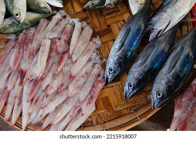 Raw Exotic Fish Assortment With Moray At Asian Market Top View In Vietnam