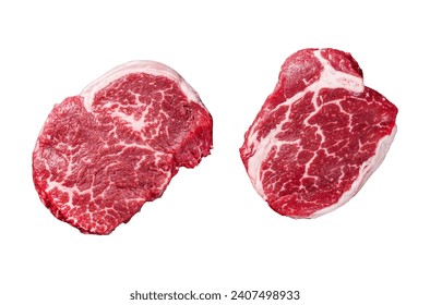 Raw Fillet Mignon tenderloin steaks. Isolated on white background, top view - Powered by Shutterstock