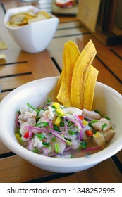 Raw fish ceviche with plantain chips