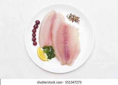 Raw Fish Fillet White Plate Isolated