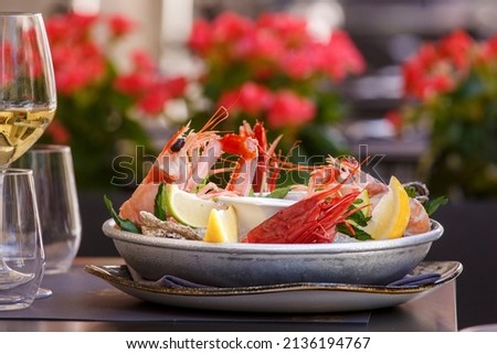 Raw fish and seafood platter served on a white plate in a wooden table