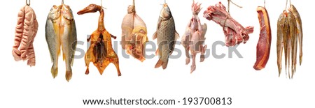 Raw fish,spare ribs and raw hen on white background 