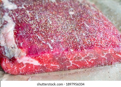 Raw Flank Steak On Butcher Paper: An Uncooked London Broil Fillet On Brown Paper Seasoned With Salt And Pepper 