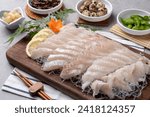 Raw flatfish, raw flatfish, raw fish, raw rockfish, side dishes, soy sauce, wasabi, chopsticks, Japanese, sushi, food, meal, dinner, fish, plate, salmon, meat, cuisine, vegetable, gourmet