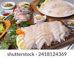 Raw flatfish, raw flatfish, raw fish, raw rockfish, side dishes, soy sauce, wasabi, chopsticks, Japanese, sushi, food, meal, dinner, fish, plate, salmon, meat, cuisine, vegetable, gourmet
