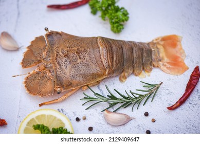 Raw flathead lobster shrimps with herbs and spices, fresh slipper lobster flathead for cooking in the seafood restaurant or seafood market