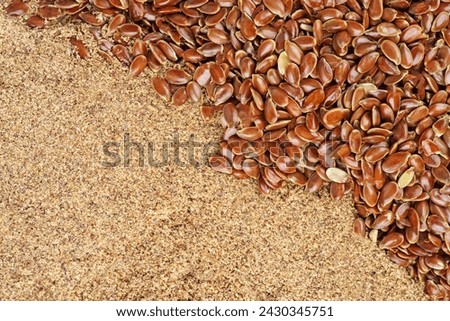 Raw flax seeds and flour. Healthy food concept.food background