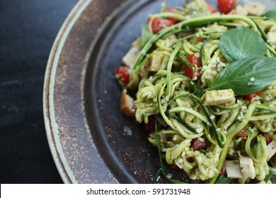 Raw Food. Zoodles (Zucchini Noodles) With Basil Pesto.