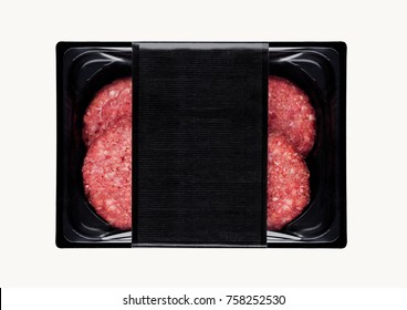 Raw fresh beef burgers in plastic tray on white background