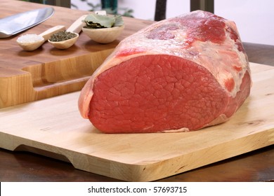 Raw Fresh And Juicy Eye Of Round Roast Steak Or Beef  With Ingredients On Background  Perfect For Baking And Roasting