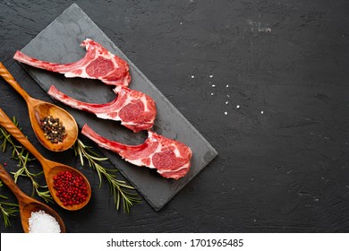 Raw Fresh Lamb Ribs On Dark Background, Close Up.