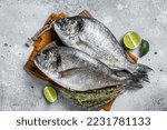 Raw fresh organic dorado or sea bream fish on wooden board with herbs and lime. Gray background. Top view.