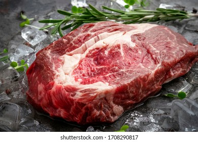 Raw fresh rib eye beef steak on ice with herbs and rosemary - Powered by Shutterstock