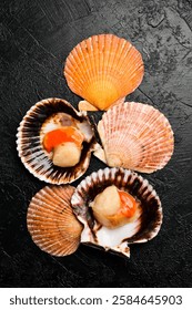 Raw fresh scallops in the shell. Close-up on a dark stone background. Vertical photo. Top view.