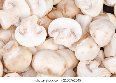 Raw Fresh Sliced Cultivated White Button Mushrooms, Top View Close-up
