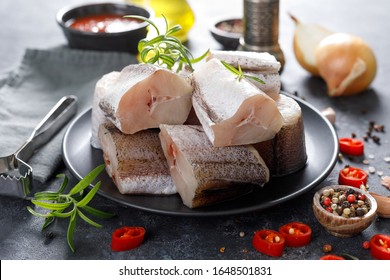 Raw Fresh Sliced Hake Fish With Ingredients For Cooking