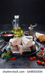 Raw Fresh Sliced Hake Fish With Ingredients For Cooking