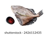 Raw fresh whole John Dory fish with spices and herbs for cooking. Isolated on white background. Top view