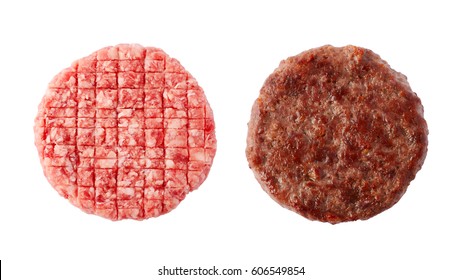 Raw And Fried Burger Beef Patty Isolated On White Background